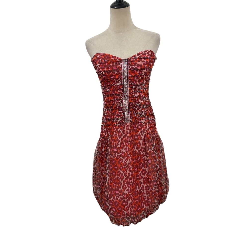Vtg 90s‎ Nicole Miller Silk Dress Animal Print Beaded Pink Red Sz 6 Bubble Hem